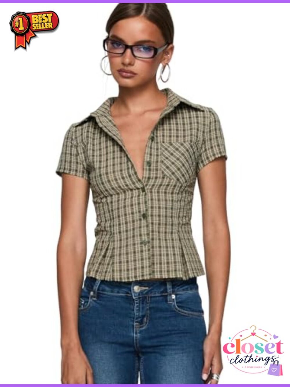 Princess Polly Alma Mater Button-Up Blouse with Checkered Print and Cap Sleeves